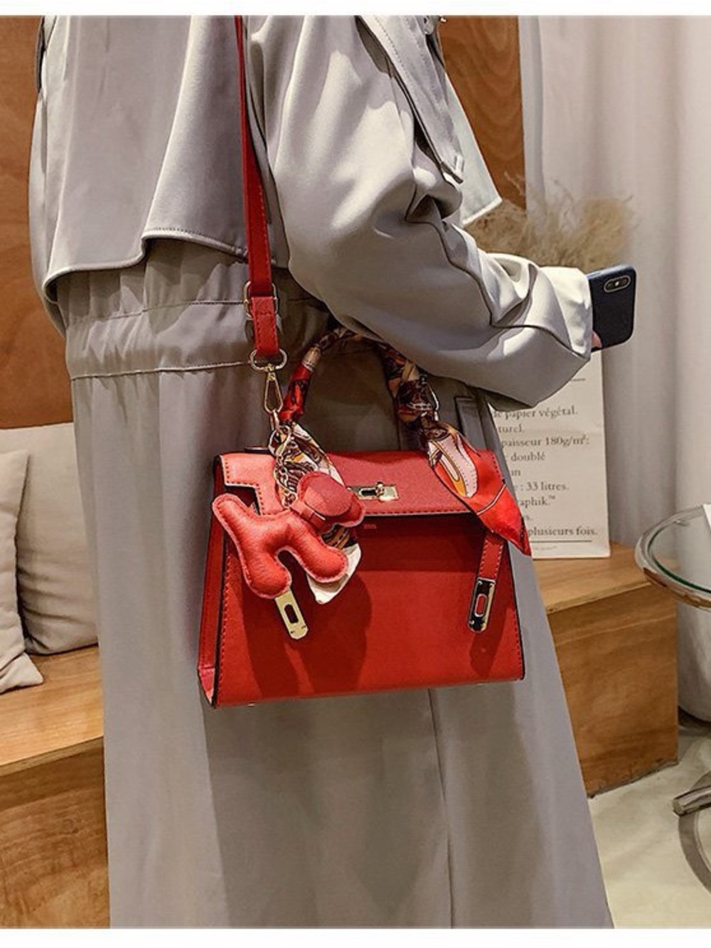 Structured Red Leather Top-Handle Satchel with Scarf Detail